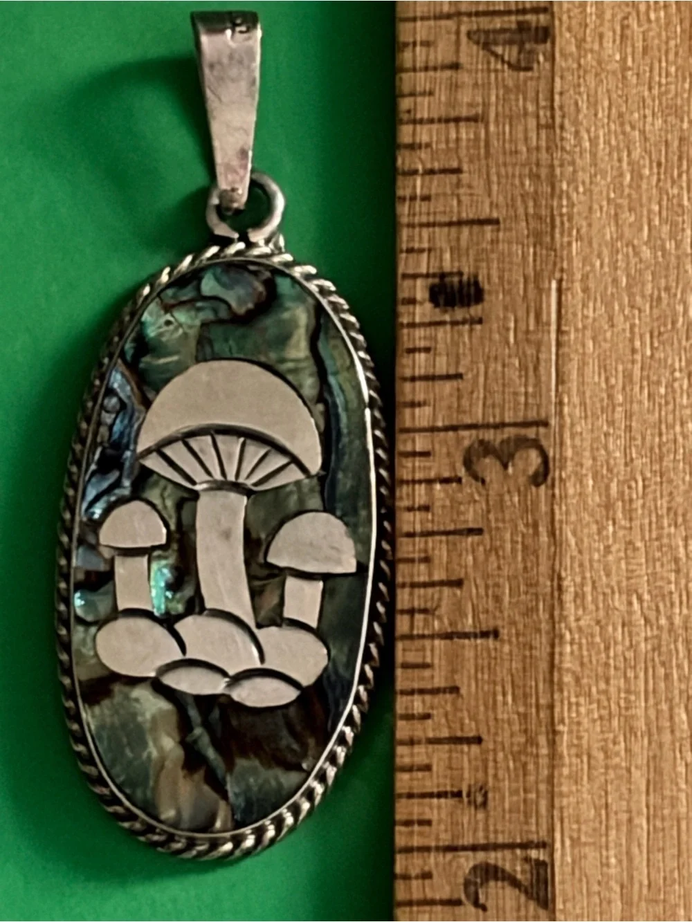 Taxco Iridescent Green and Blue Abalone Mushroom Pendant Necklace